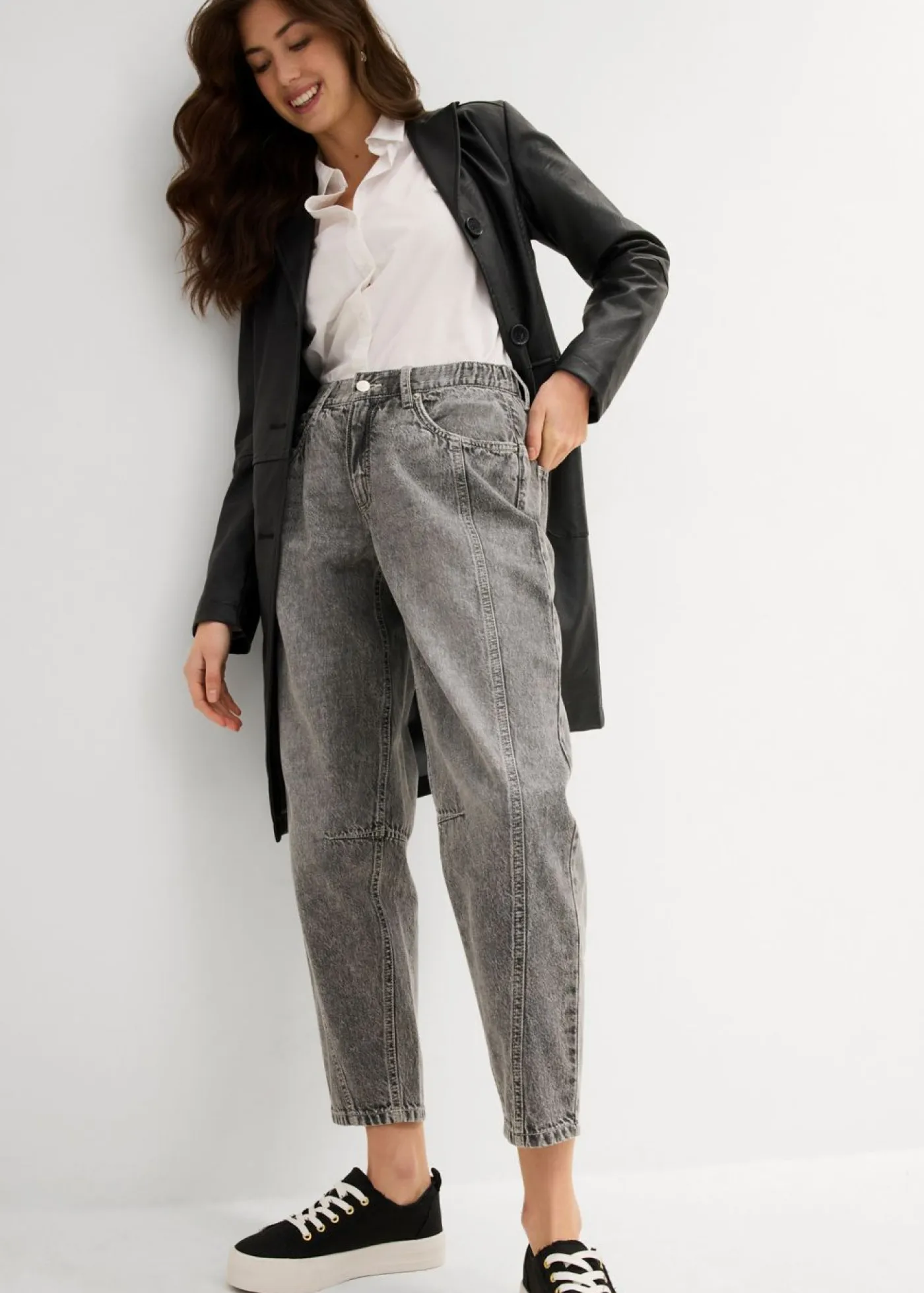 bonprix bonprix Vaqueros>Vaqueros barrel, mid waist, low stretch, cropped Denim gris claro desgastado