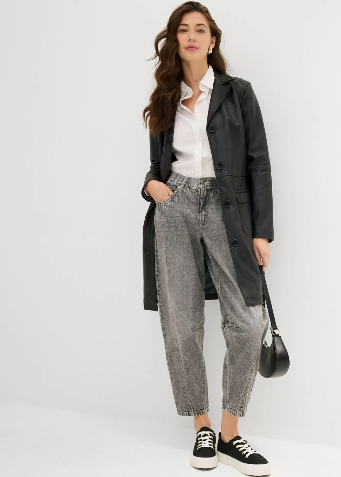 bonprix bonprix Vaqueros>Vaqueros barrel, mid waist, low stretch, cropped Denim gris claro desgastado