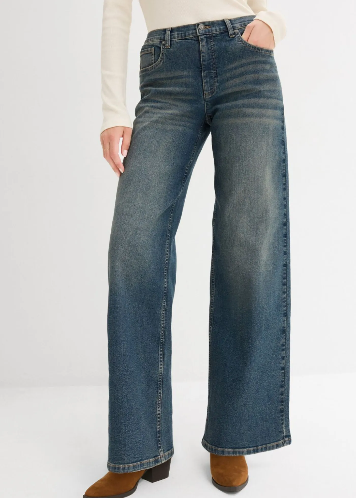 bonprix bonprix Vaqueros|Tallas Pequeñas>Vaqueros de pernera ancha, high waist Denim desgastado