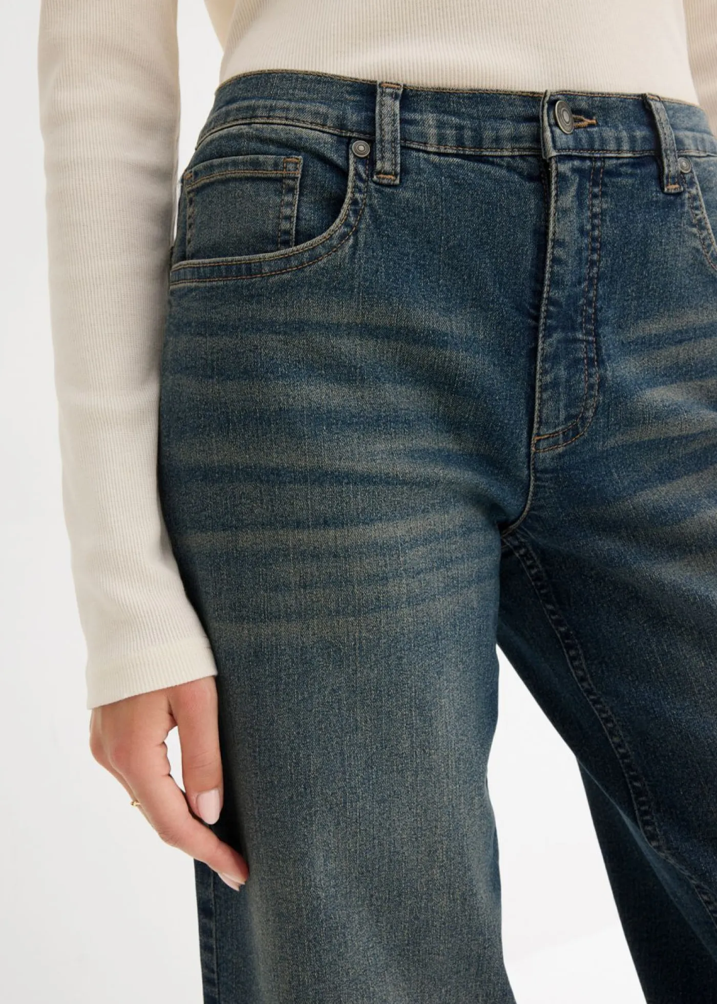 bonprix bonprix Vaqueros|Tallas Pequeñas>Vaqueros de pernera ancha, high waist Denim desgastado