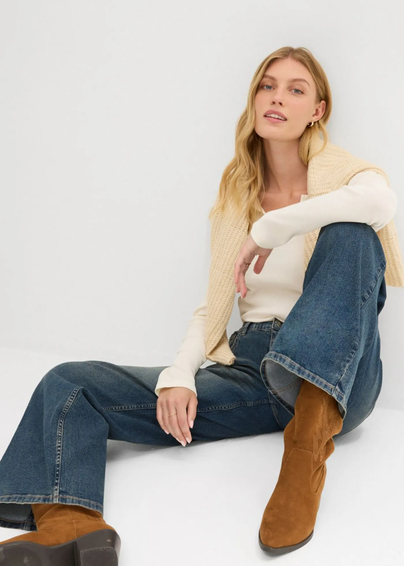 bonprix bonprix Vaqueros|Tallas Pequeñas>Vaqueros de pernera ancha, high waist Denim desgastado