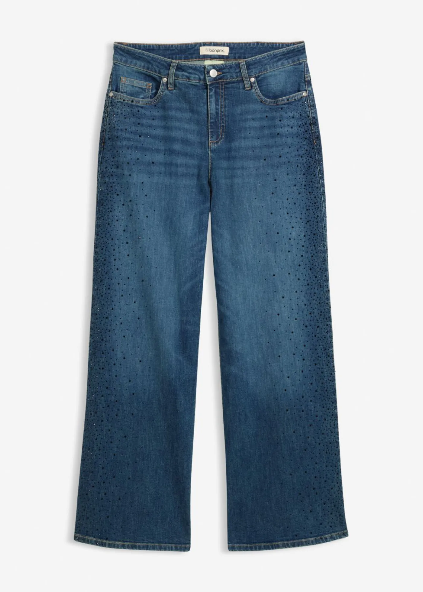 Mujer bonprix bonprix Vaqueros de talle medio con perneras anchas y piedras brillantes