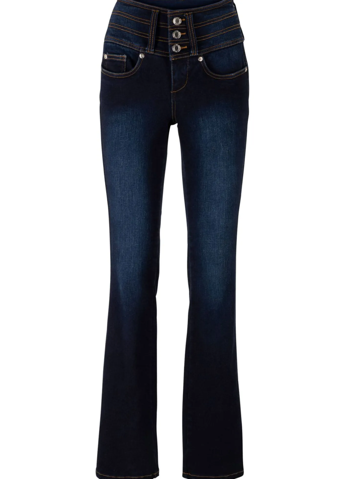 bonprix bonprix Tallas Pequeñas>Vaqueros moldeadores con corte bootcut y talle alto Azul marino desgastado