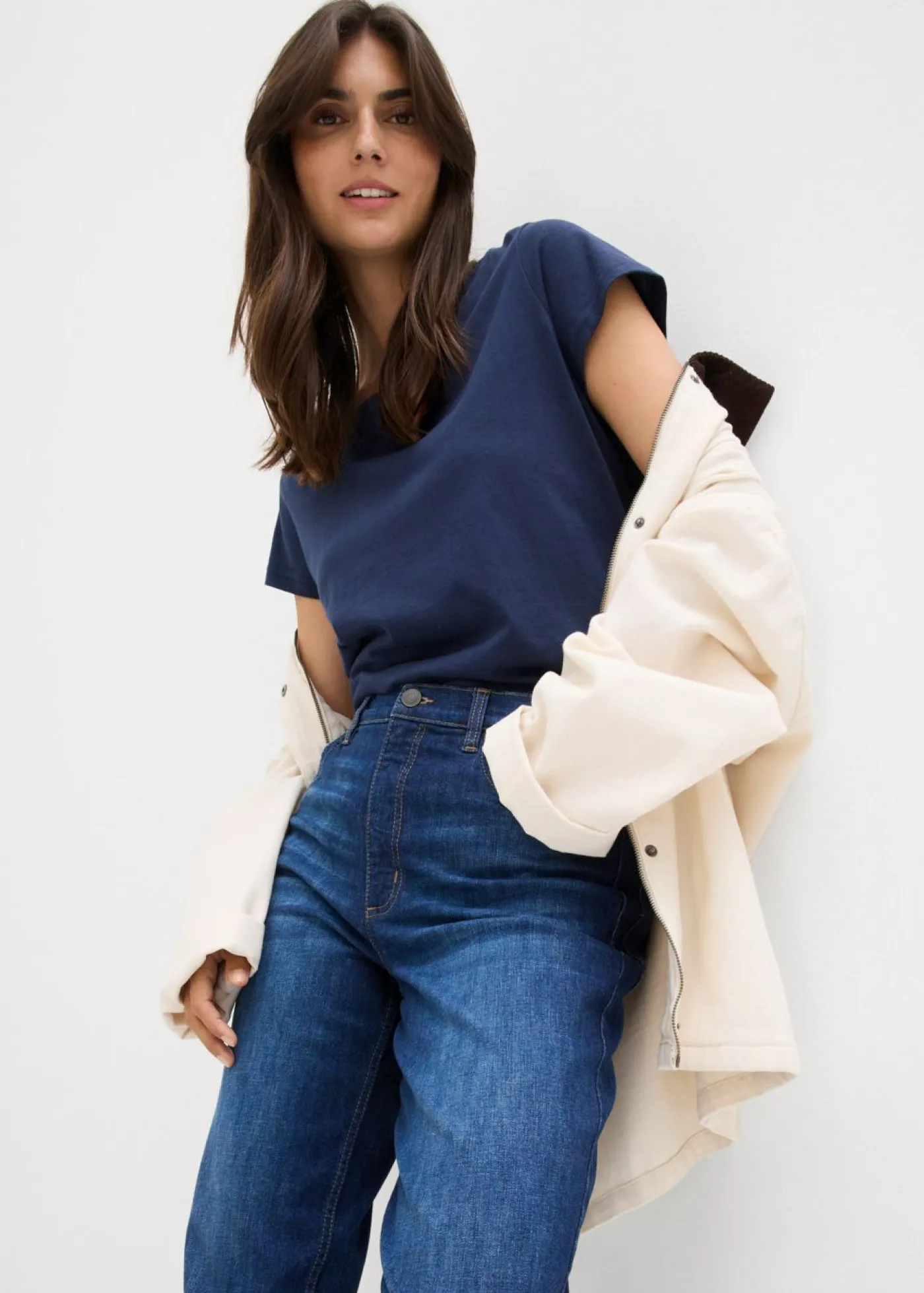 bonprix bonprix Vaqueros>Vaqueros mom, high waist, cropped Azul oscuro denim