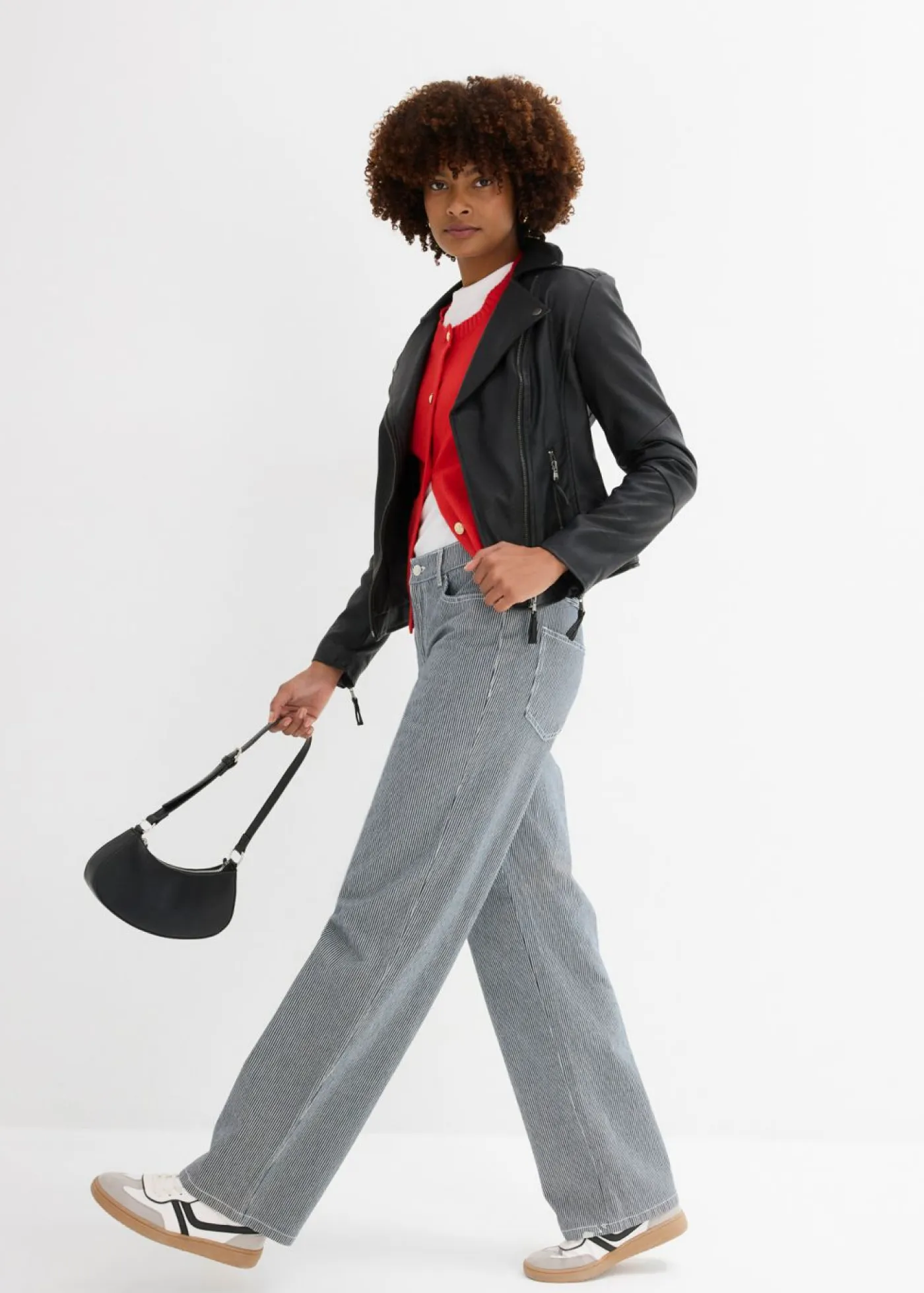 bonprix bonprix Vaqueros>Vaqueros rectos con corte holgado, talle alto y diseño de rayas denim intenso-blanco con rayas