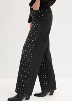 Mujer bonprix bonprix Vaqueros rectos de talle medio con aplicación de piedras brillantes