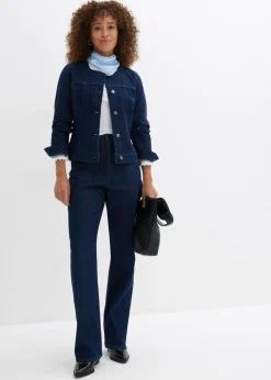 Mujer bonprix bonprix Vaqueros rectos de talle medio con corte holgado, cinturilla elástica y piedras brillantes