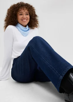 Mujer bonprix bonprix Vaqueros rectos de talle medio con corte holgado, cinturilla elástica y piedras brillantes