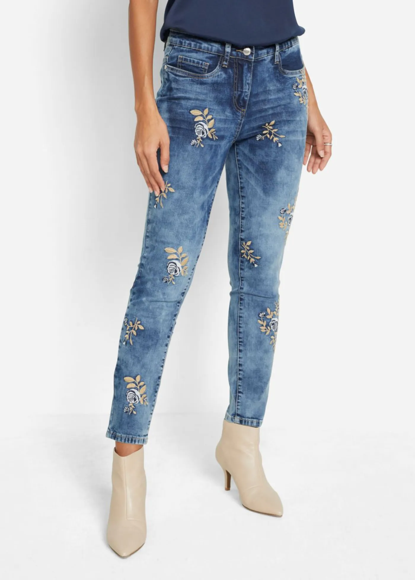 Mujer bonprix bonprix Vaqueros slim fit, con bordado de flores