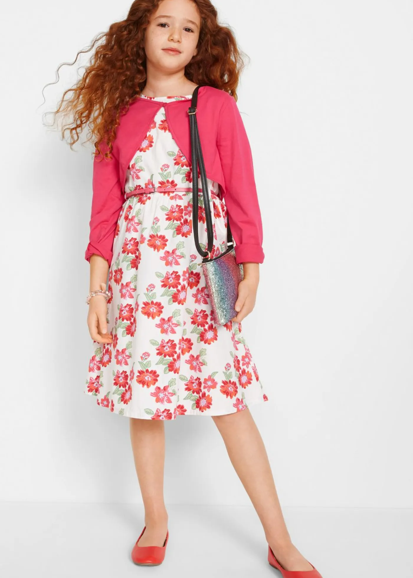 bonprix bonprix Ropa 9 A 16 Años·Vestidos Y Monos>Vestido + cinturón + bolero para niñas (3 piezas) blanco / fucsia floral