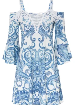 bonprix bonprix Vestidos|Novedades>Vestido acampanado con escote bañera Azul con patrón Paisley