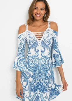 bonprix bonprix Vestidos|Novedades>Vestido acampanado con escote bañera Azul con patrón Paisley