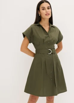 bonprix bonprix Vestidos>Vestido camisero con cinturón Verde oliva oscuro