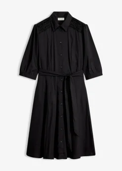 bonprix bonprix Tallas Pequeñas|Vestidos>Vestido camisero con encaje y cordón Negro