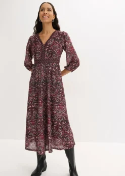 bonprix bonprix Vestidos>Vestido camisero con escote en V Negro-baya