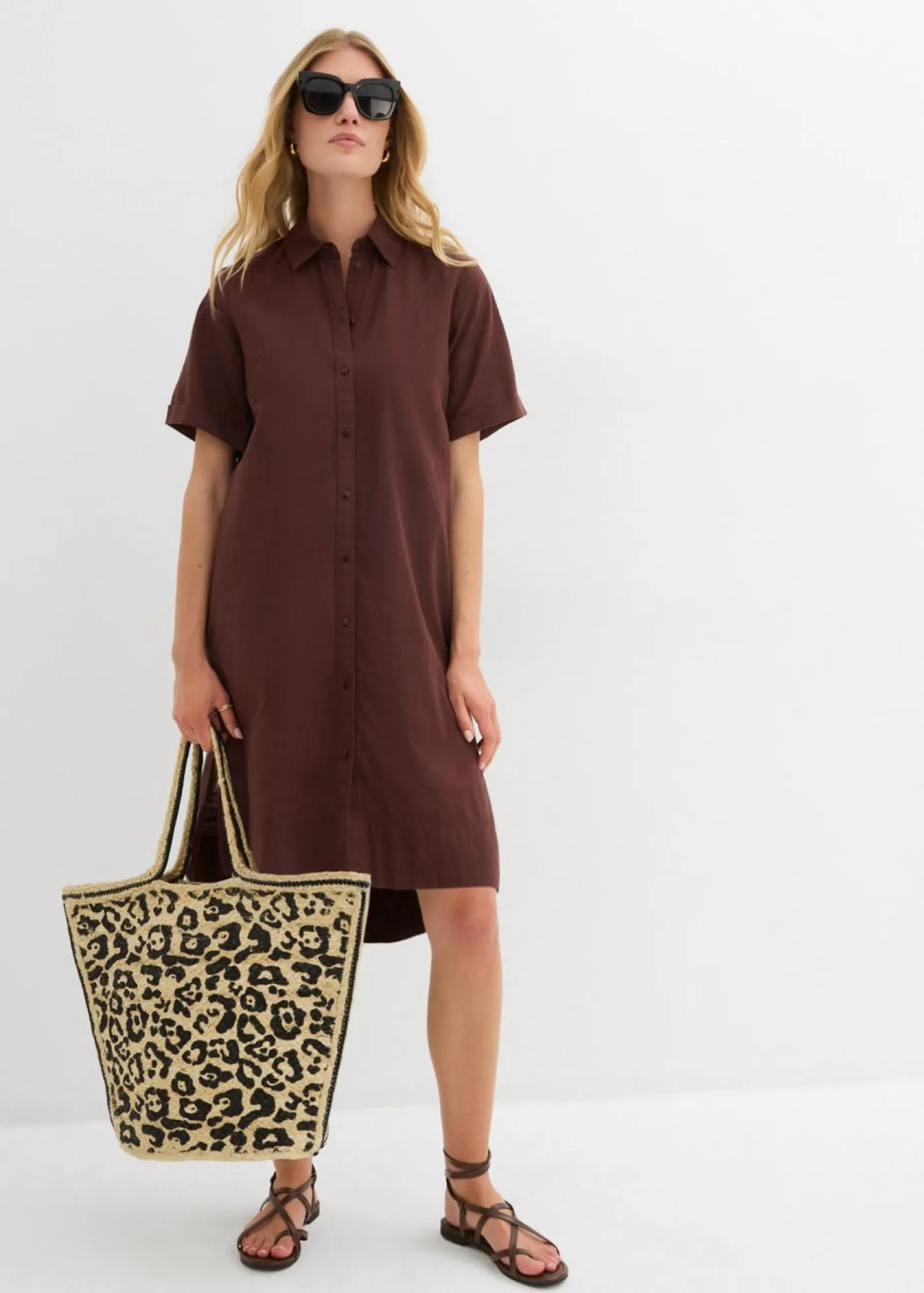 bonprix bonprix Vestidos>Vestido camisero de algodón puro Marrón tierra