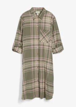 bonprix bonprix Vestidos>Vestido camisero de algodón puro Verde oliva/rosa palo/blanco de cuadros