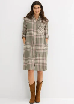 bonprix bonprix Vestidos>Vestido camisero de algodón puro Verde oliva/rosa palo/blanco de cuadros