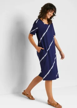 bonprix bonprix Vestidos>Vestido camisero de algodón orgánico hasta la rodilla con bolsillos y línea en A azul medianoche./blanco estampado