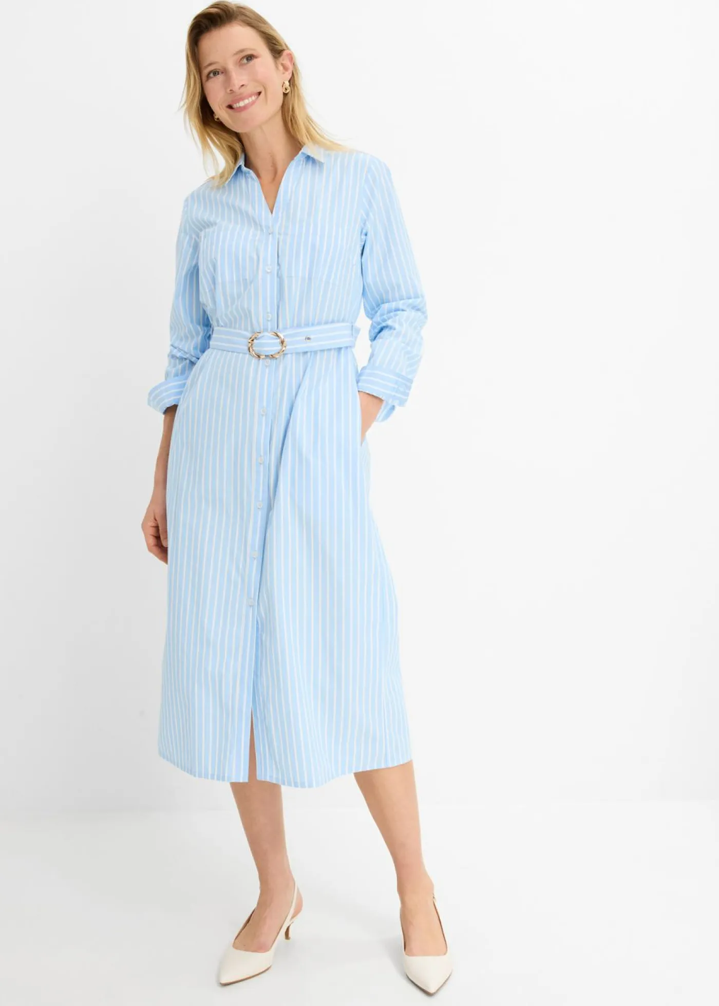 bonprix bonprix Vestidos|Novedades>Vestido camisero de algodón puro azul claro/blanco con rayas