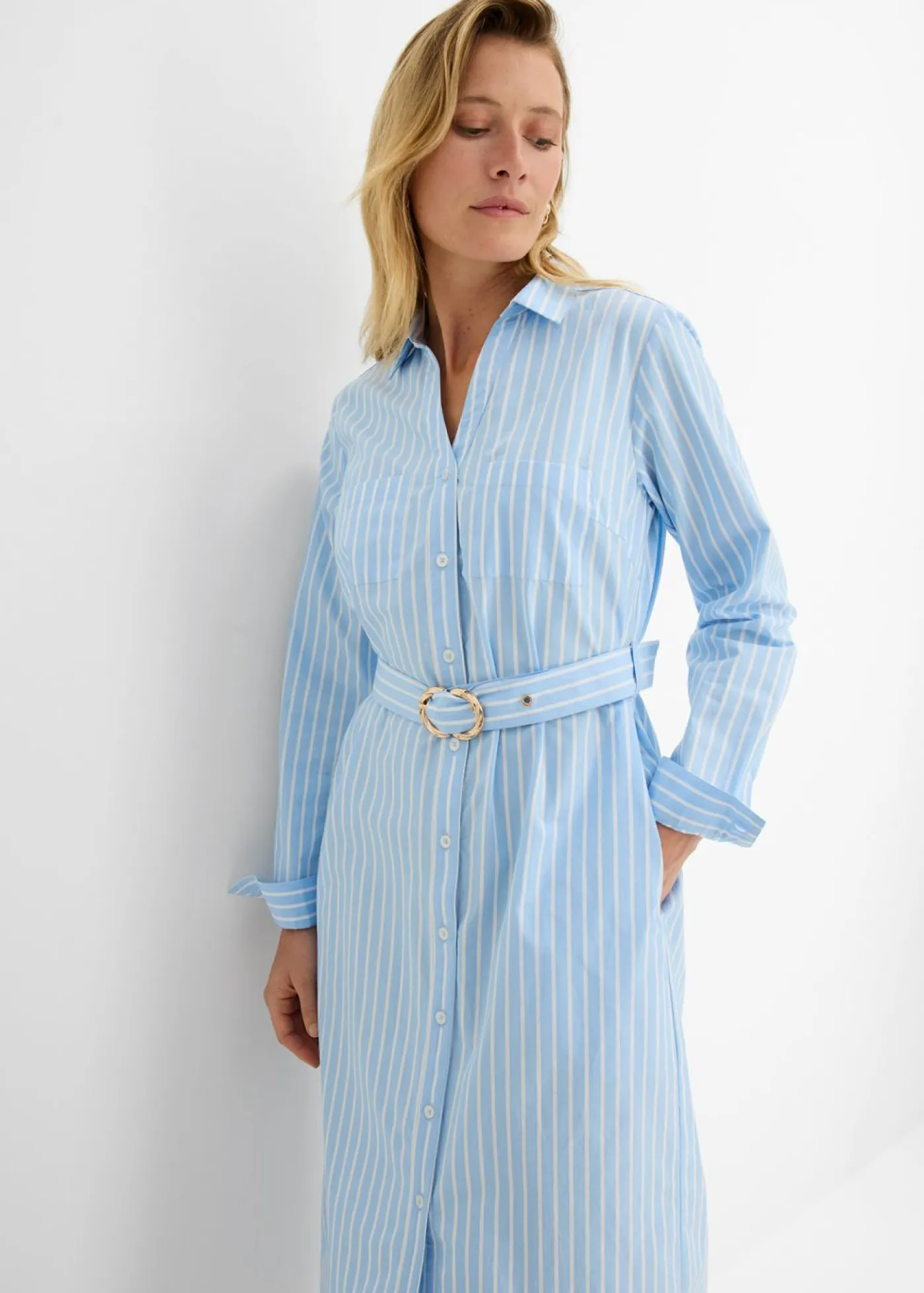 bonprix bonprix Vestidos|Novedades>Vestido camisero de algodón puro azul claro/blanco con rayas