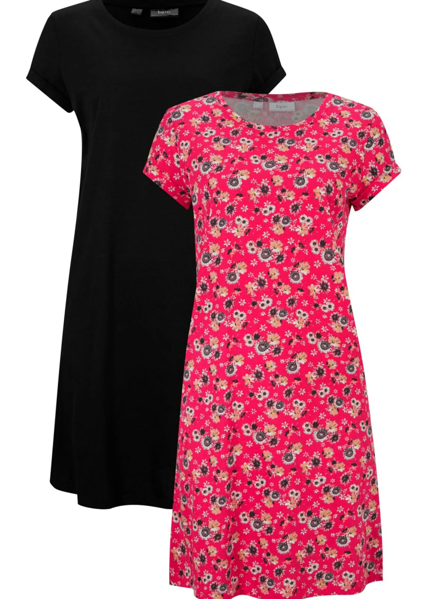 bonprix bonprix Vestidos>Vestido camisero de algodón puro con aberturas laterales (2 unidades) rosa hibisco + negro con flores