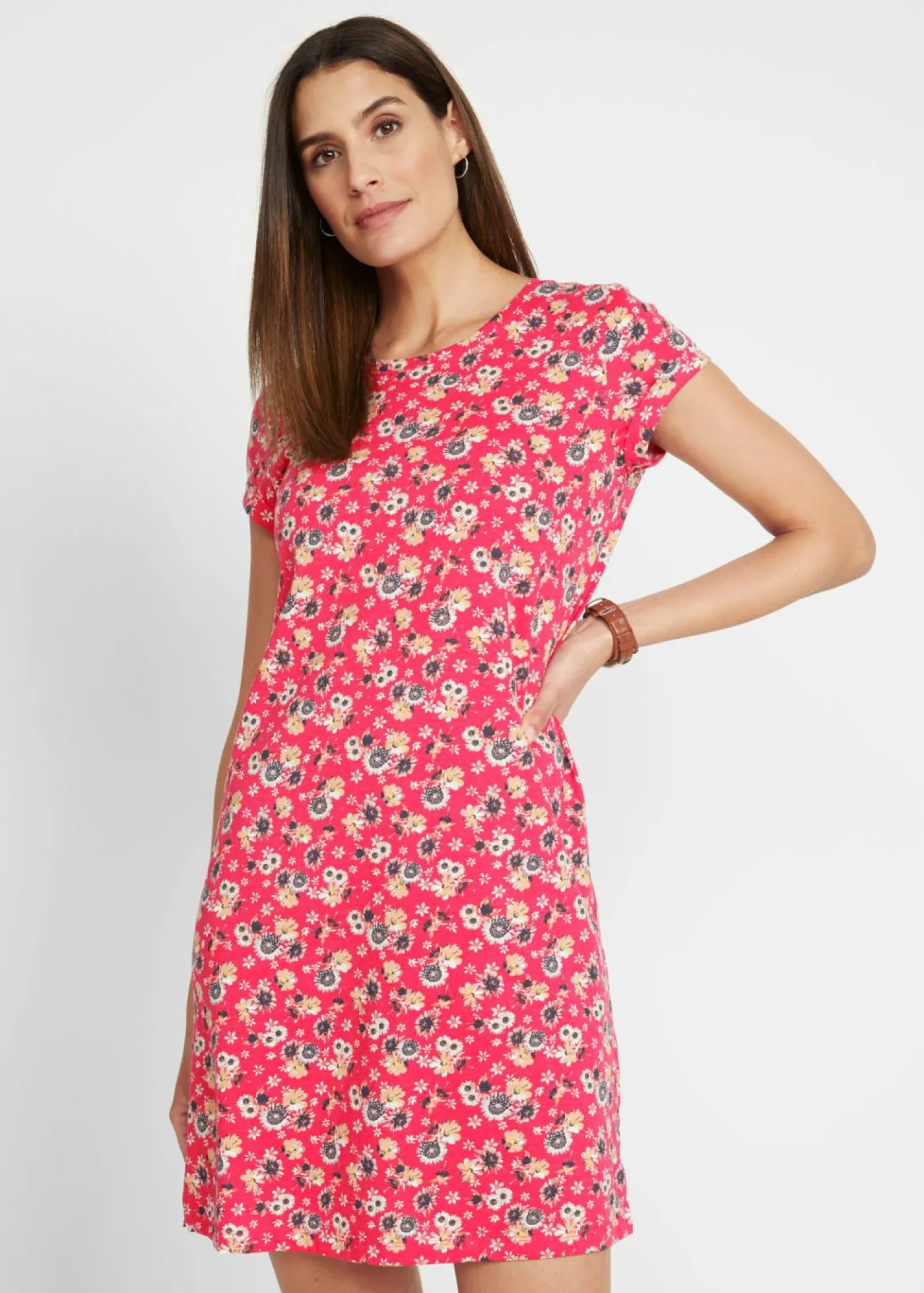 bonprix bonprix Vestidos>Vestido camisero de algodón puro con aberturas laterales (2 unidades) rosa hibisco + negro con flores