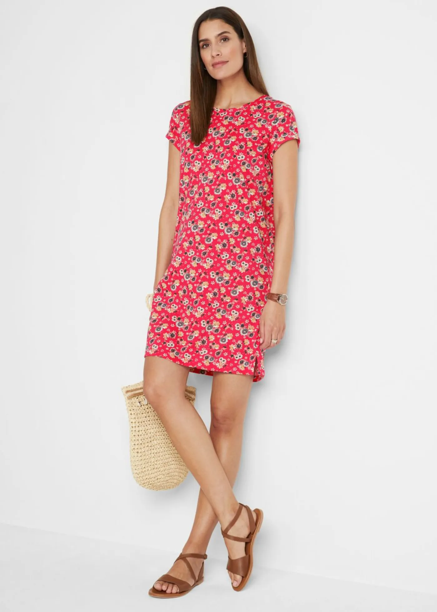 bonprix bonprix Vestidos>Vestido camisero de algodón puro con aberturas laterales (2 unidades) rosa hibisco + negro con flores