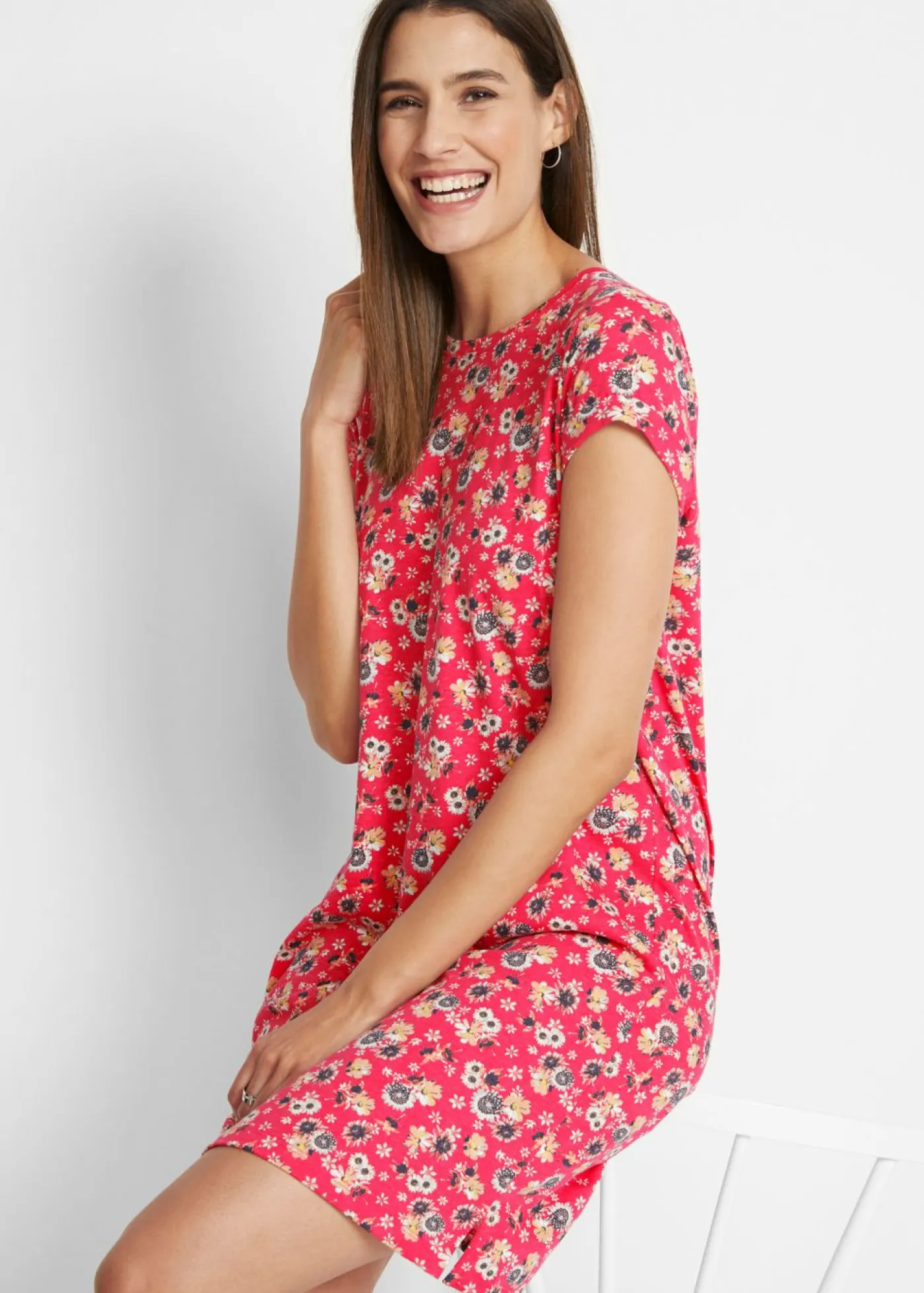 bonprix bonprix Vestidos>Vestido camisero de algodón puro con aberturas laterales (2 unidades) rosa hibisco + negro con flores