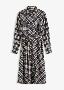 bonprix bonprix Vestidos>Vestido camisero de franela suave Marrón oscuro de cuadros