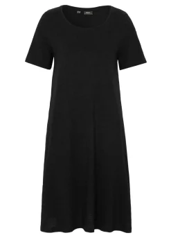 bonprix bonprix Vestidos>Vestido camisero de hilo flameado con bolsillos de algodón, hasta la rodilla Negro