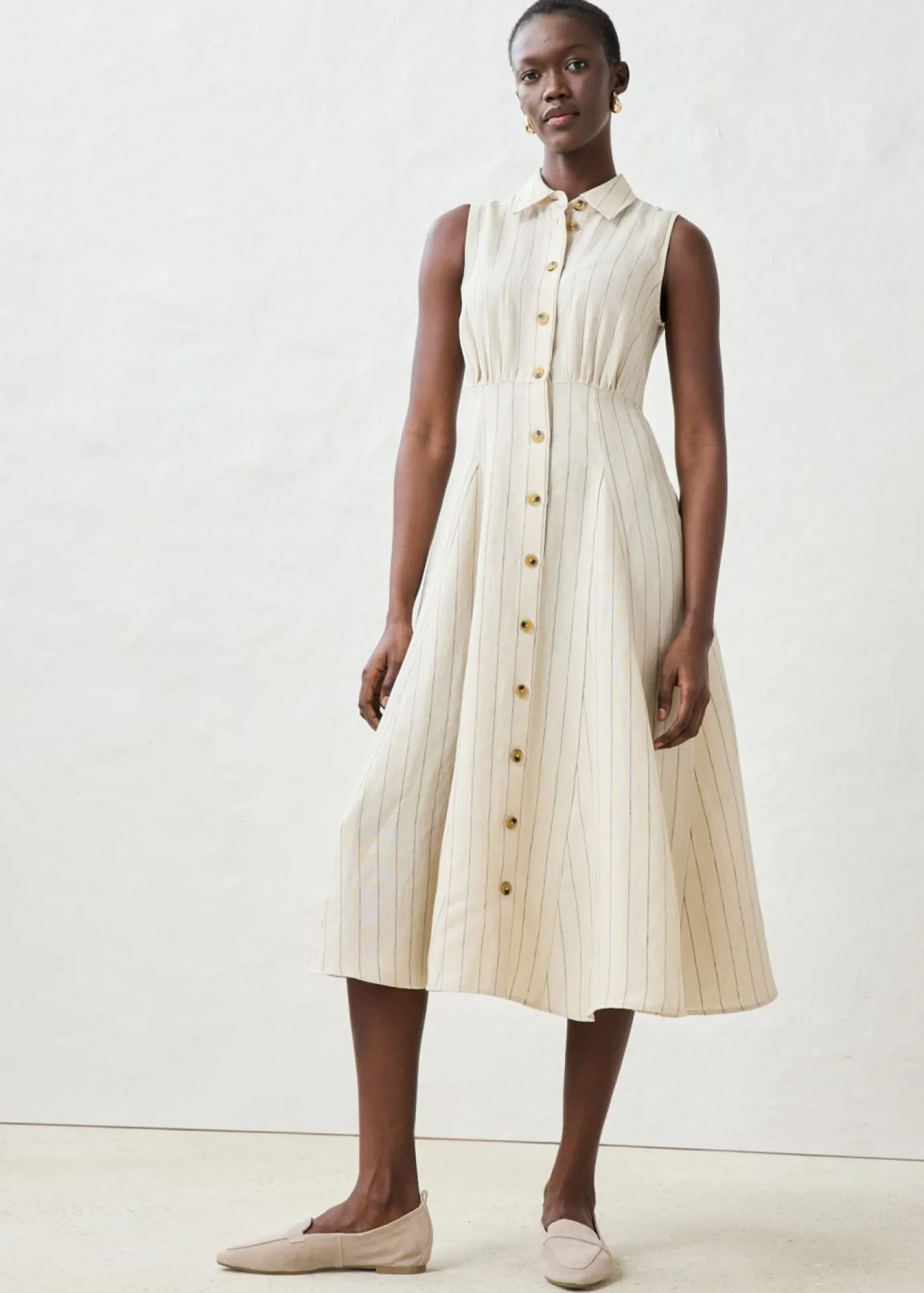 bonprix bonprix Premium|Vestidos>Vestido camisero de lino puro arena claro con rayas