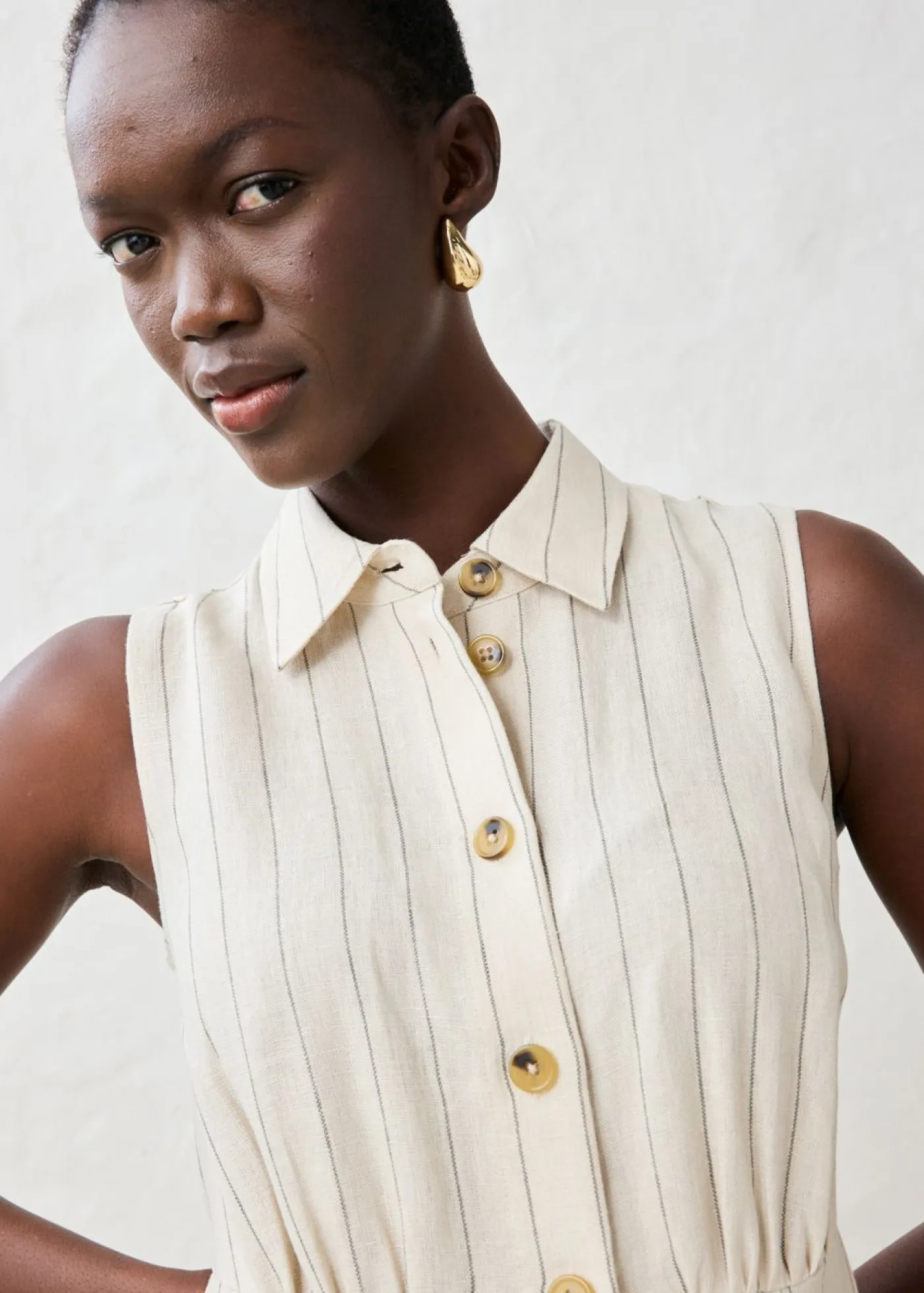 bonprix bonprix Premium|Vestidos>Vestido camisero de lino puro arena claro con rayas