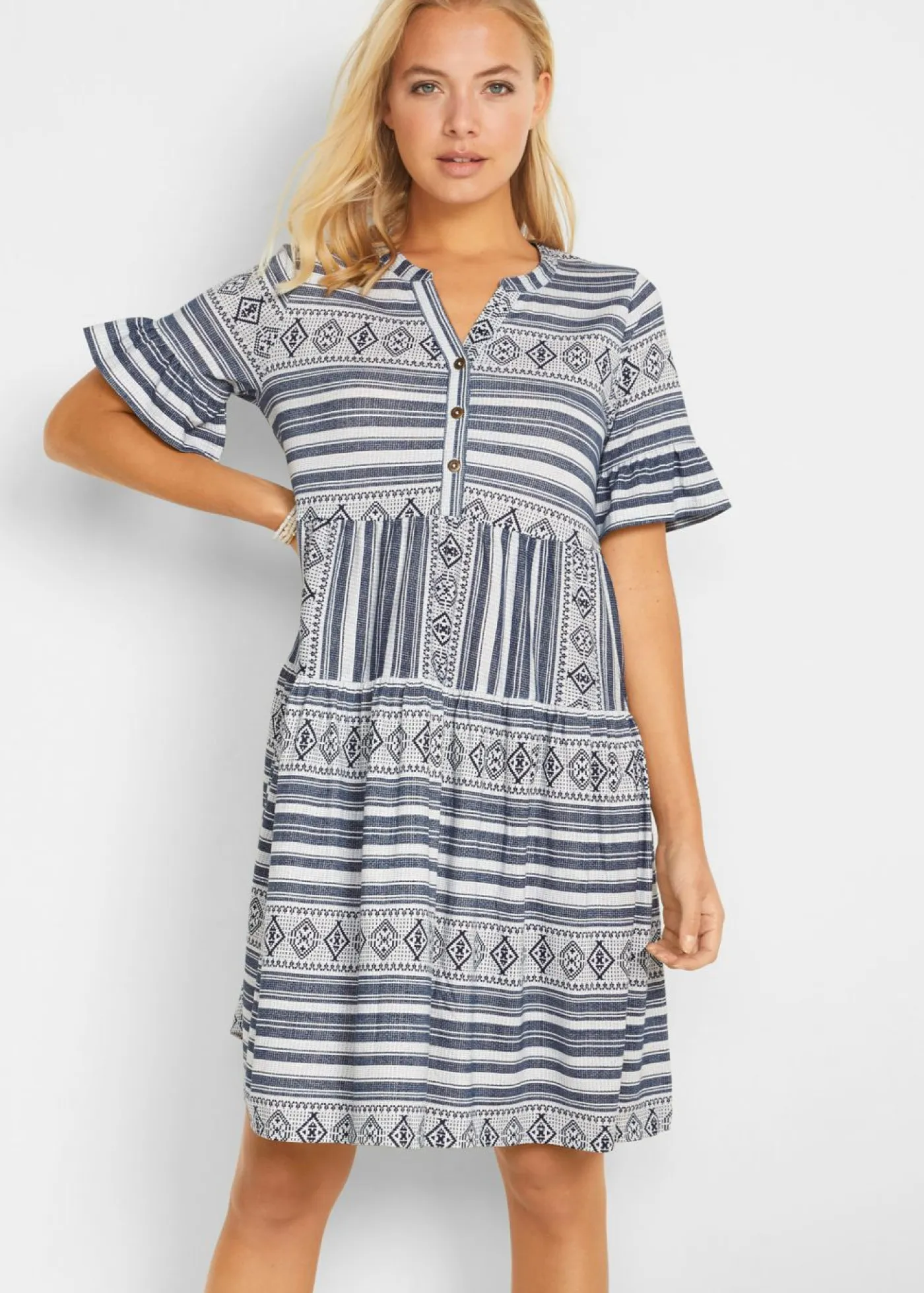 bonprix bonprix Vestidos>Vestido camisero de mezcla de viscosa fluida blanco-azul marino
