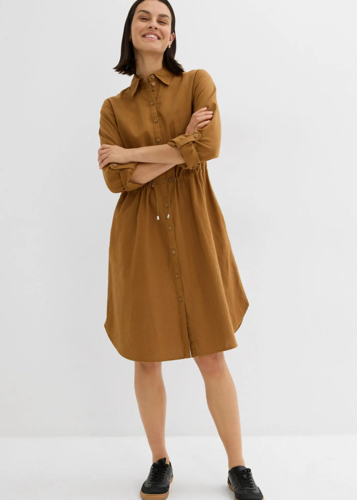 bonprix bonprix Vestidos|Novedades>Vestido camisero de mezcla de lino y algodón Marrón coñac