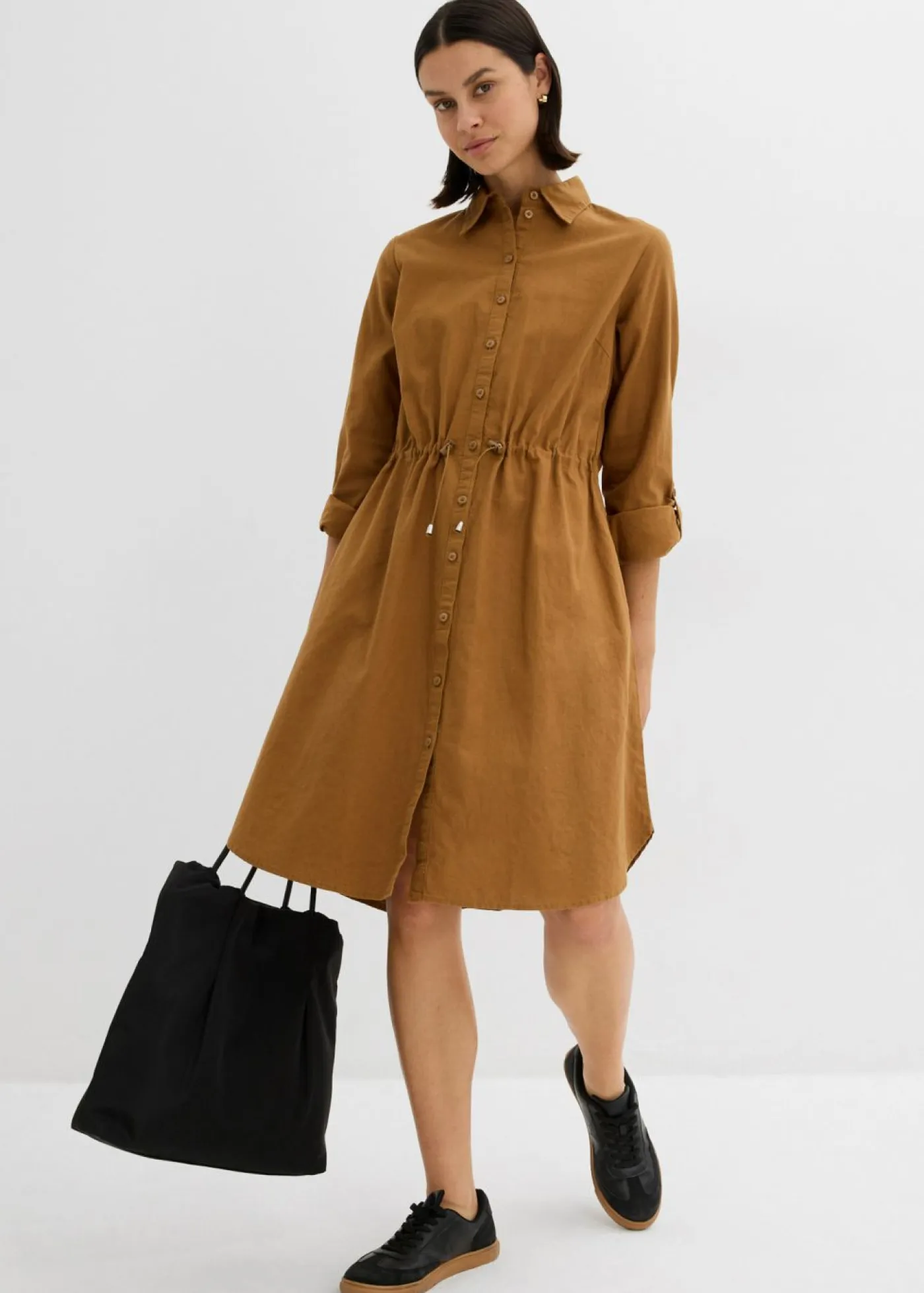 bonprix bonprix Vestidos|Novedades>Vestido camisero de mezcla de lino y algodón Marrón coñac