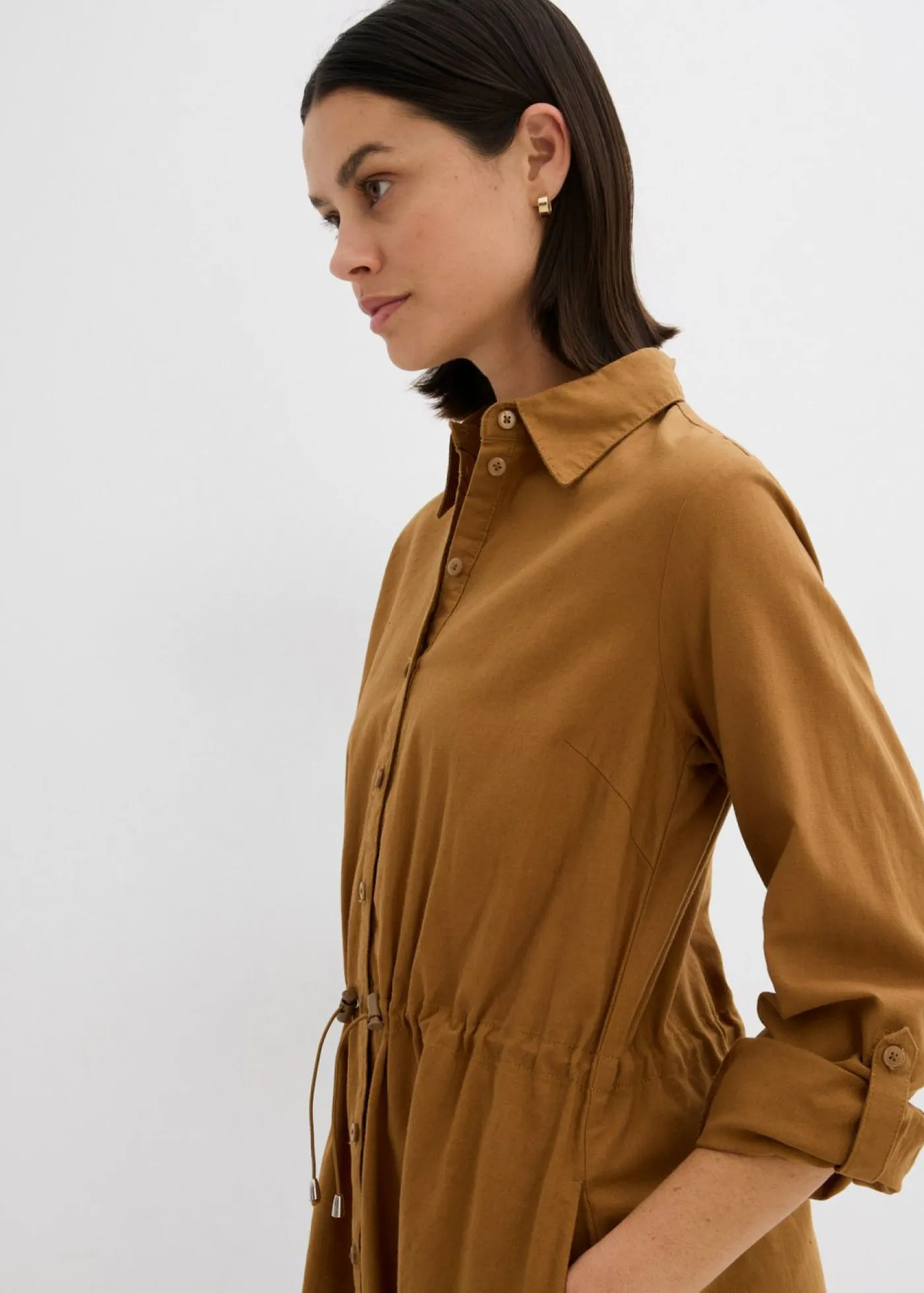 bonprix bonprix Vestidos|Novedades>Vestido camisero de mezcla de lino y algodón Marrón coñac