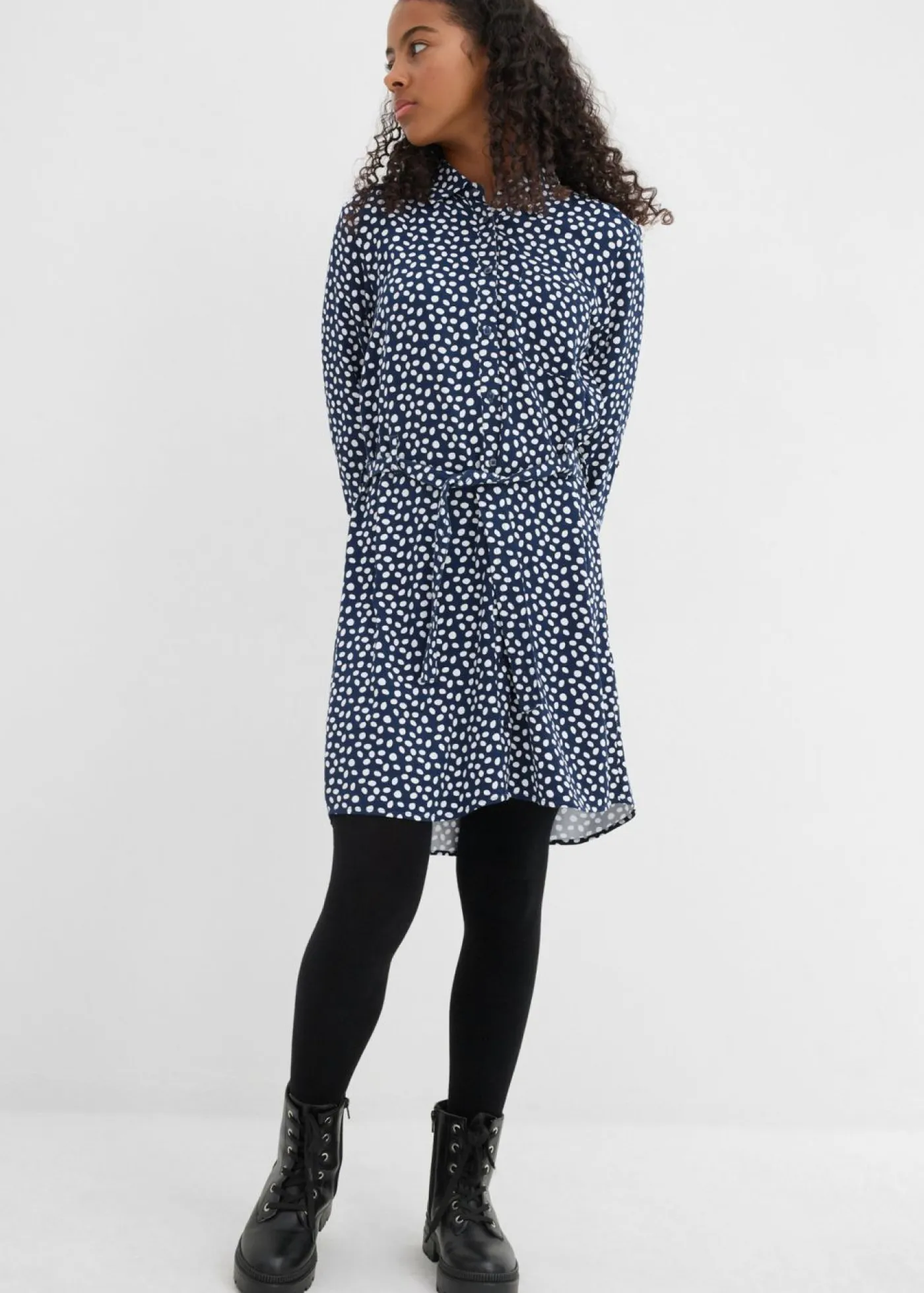 bonprix bonprix Ropa 9 A 16 Años·Vestidos Y Monos>Vestido camisero de viscosa fluida azul marino / blanco topos