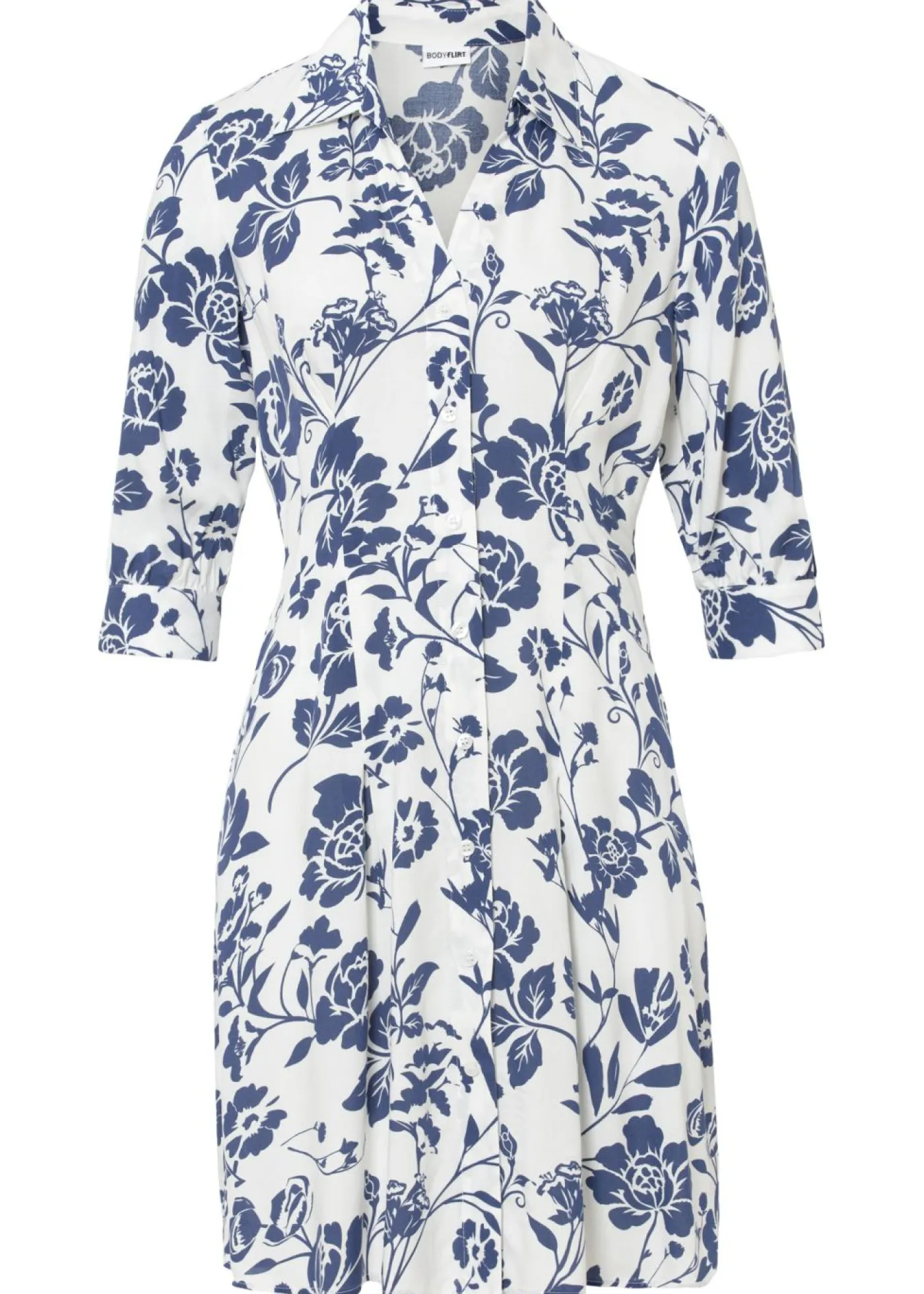 bonprix bonprix Novedades|Vestidos>Vestido camisero de viscosa fluida crema suave/azul medianoche. con flores