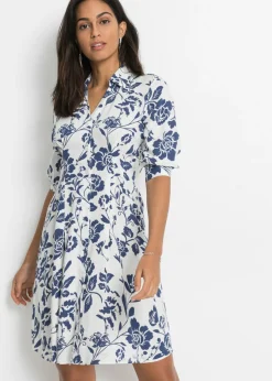 bonprix bonprix Novedades|Vestidos>Vestido camisero de viscosa fluida crema suave/azul medianoche. con flores