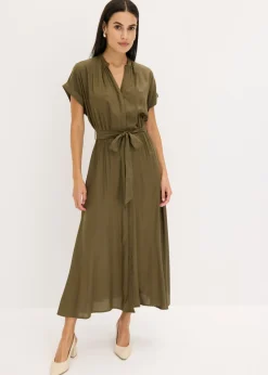 bonprix bonprix Vestidos|Novedades>Vestido camisero de viscosa fluida Verde oliva oscuro