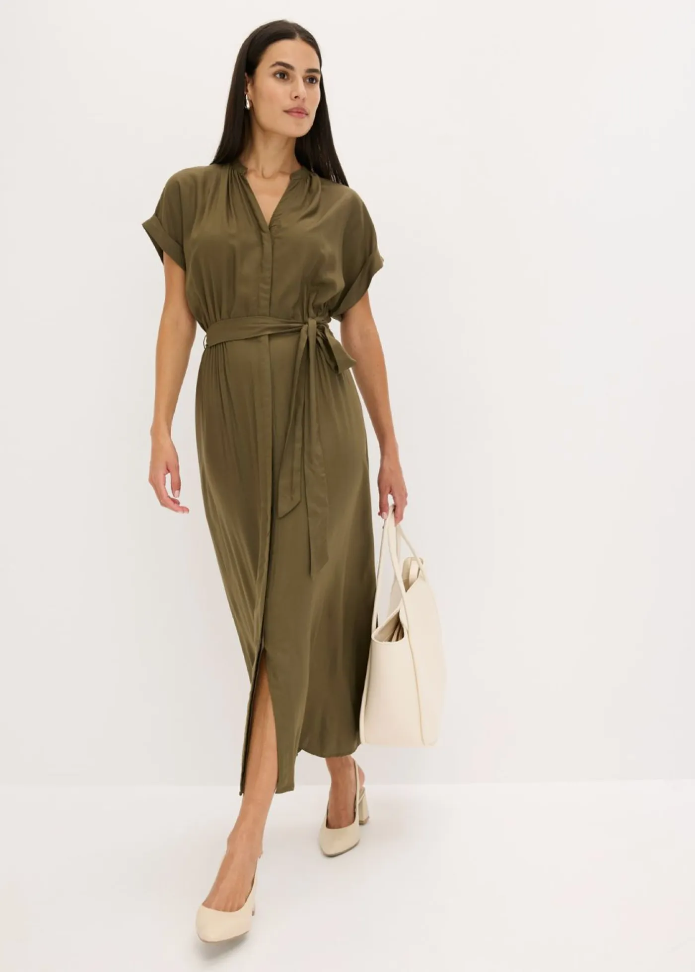 bonprix bonprix Vestidos|Novedades>Vestido camisero de viscosa fluida Verde oliva oscuro