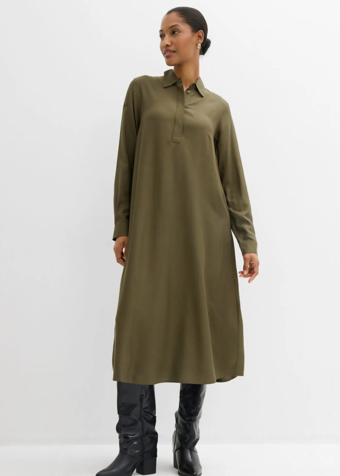 bonprix bonprix Esenciales|Vestidos>Vestido camisero de viscosa fina Verde oliva oscuro