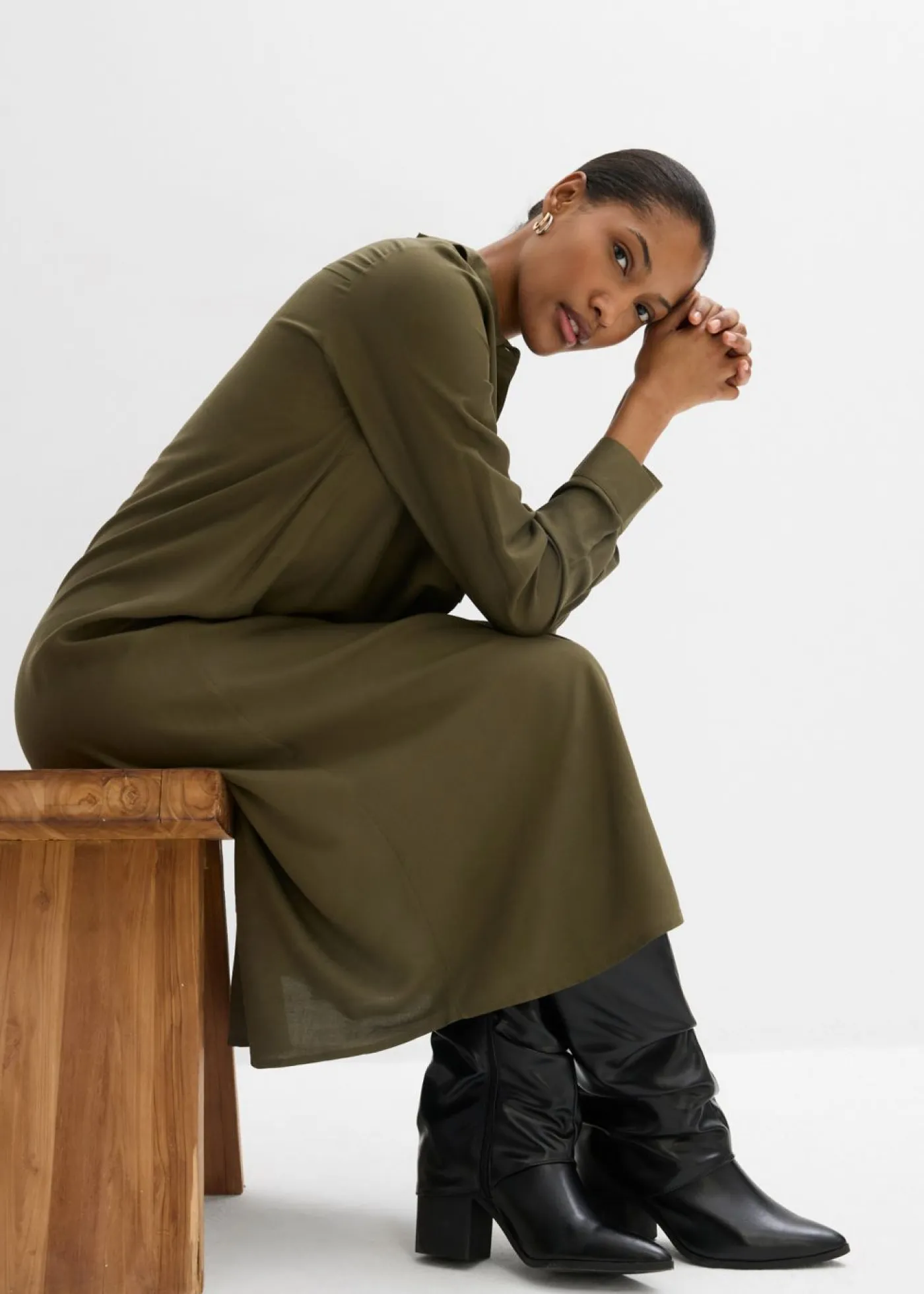 bonprix bonprix Esenciales|Vestidos>Vestido camisero de viscosa fina Verde oliva oscuro