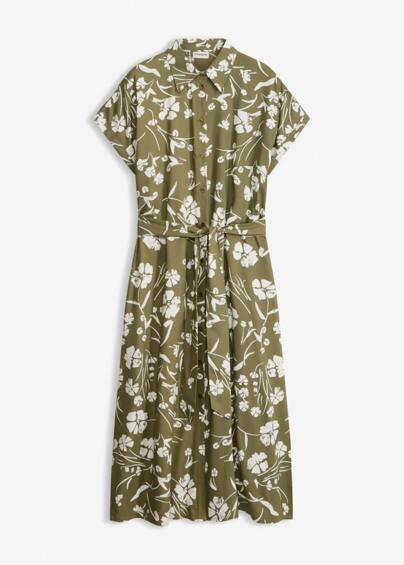 bonprix bonprix Vestidos|Novedades>Vestido camisero de viscosa pura Verde oliva-blanco de flores