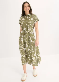bonprix bonprix Vestidos|Novedades>Vestido camisero de viscosa pura Verde oliva-blanco de flores