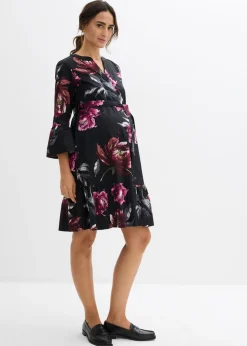 bonprix bonprix Premamá>Vestido camisero premamá/de lactancia de satén de algodón orgánico puro negro-rosa antiguo con flores
