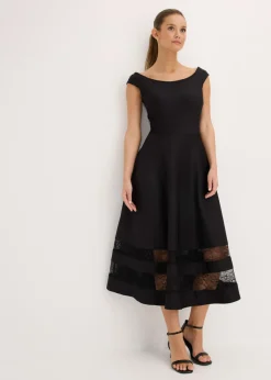 bonprix bonprix Vestidos|Ropa Elegante>Vestido con escote bañera, encaje y cinturón Negro