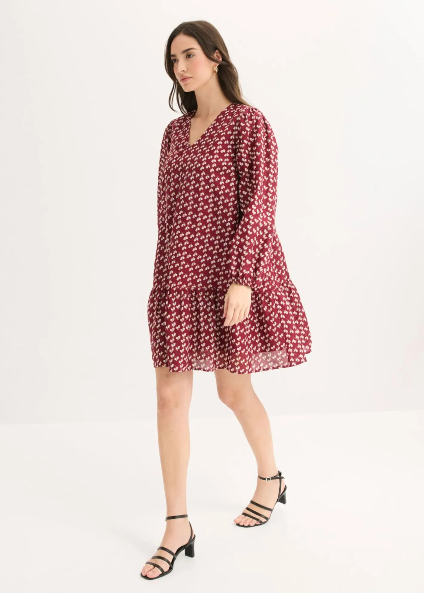 bonprix bonprix Vestidos|Novedades>Vestido corto con estructura arrugada Rojo rubí de flores