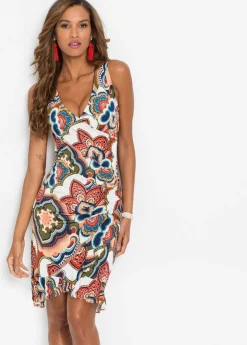 bonprix bonprix Vestidos>Vestido corto con volantes Blanco/azul/naranja oscuro estampado